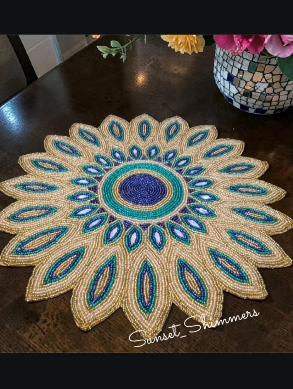 4pc Peacock Colored Jeweled Beaded Placemats Chargers Set 15